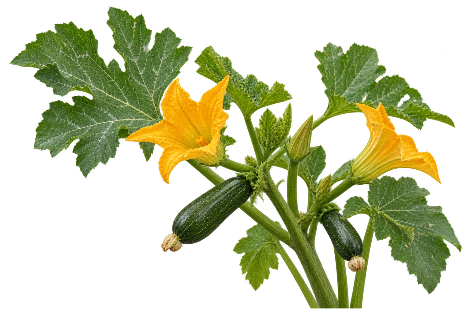 Courgette fruit, leaves and yellow flowers